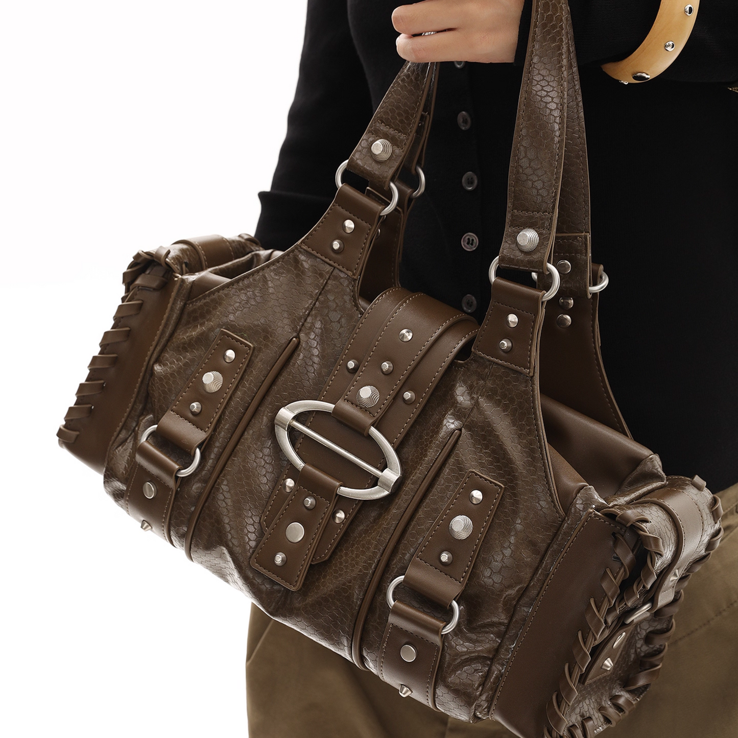 Crushed Leather Y2K Boston Bag