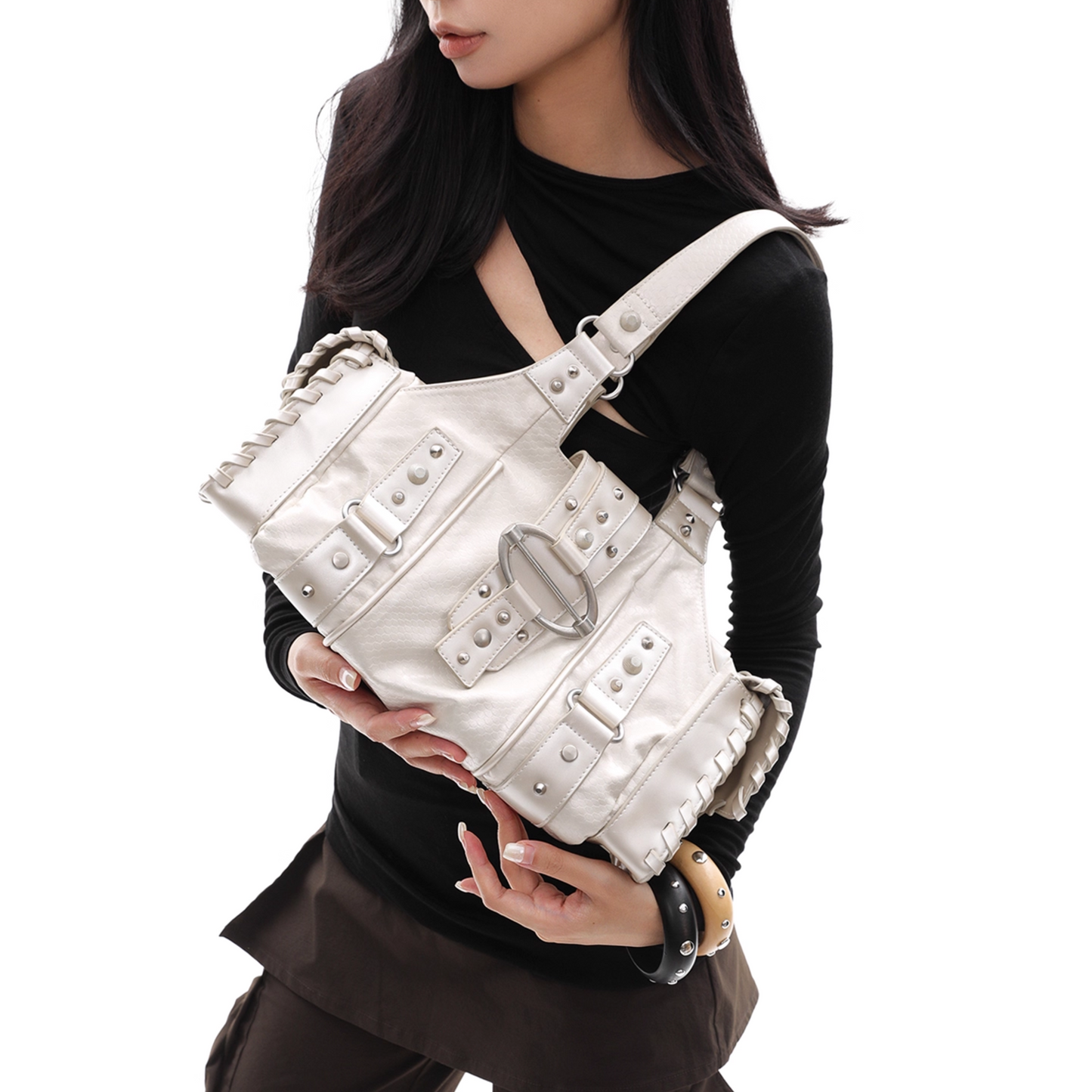 Crushed Leather Y2K Boston Bag
