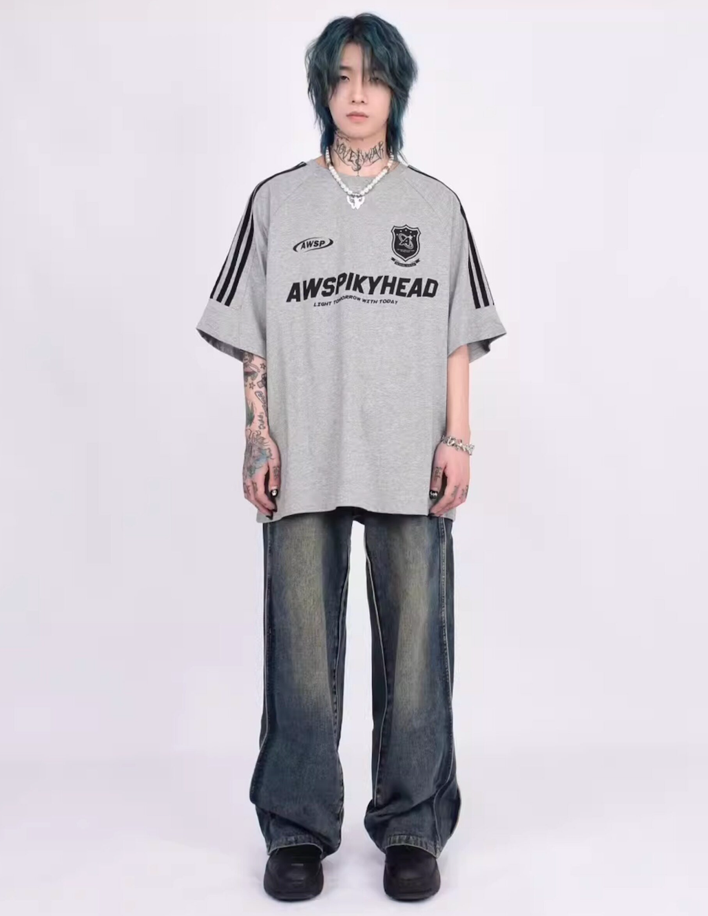 3ストライプ エンブロイダリーロゴ ルーズTシャツ　BL1170