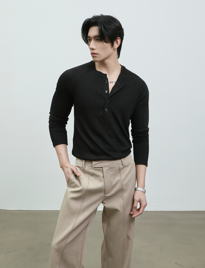 スリムフィット リブラグラン ヘンリーネックT　BL1180