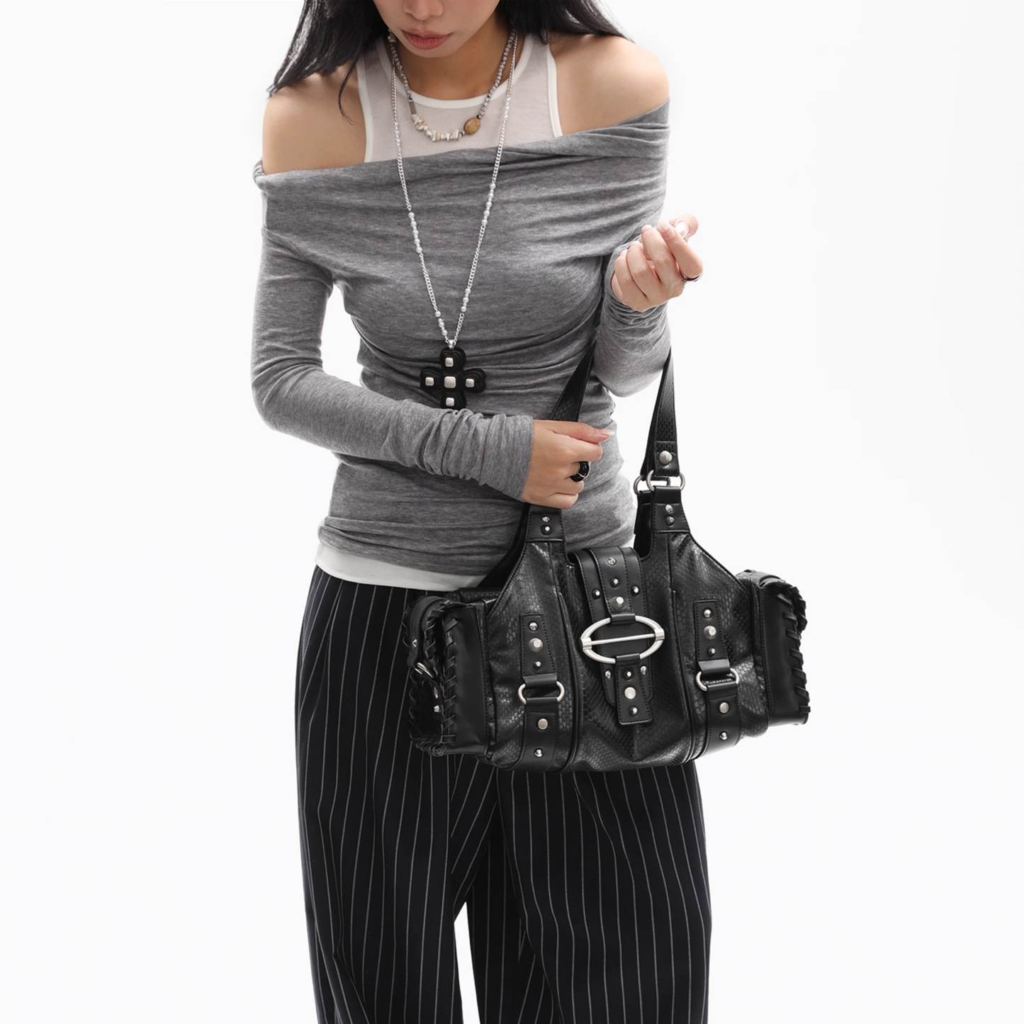 Crushed Leather Y2K Boston Bag