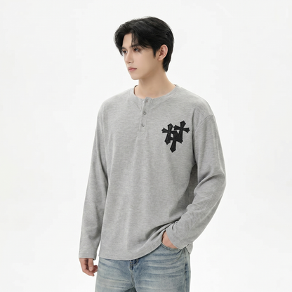 クロスロゴ　ヘンリーネックロングサーマルTシャツ　BL1179