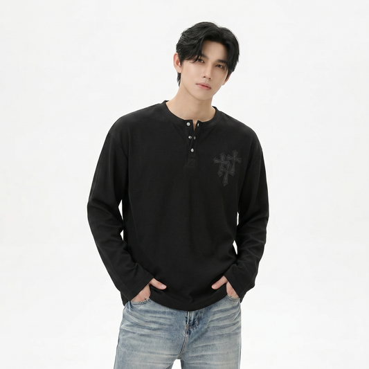 クロスロゴ　ヘンリーネックロングサーマルTシャツ　BL1179