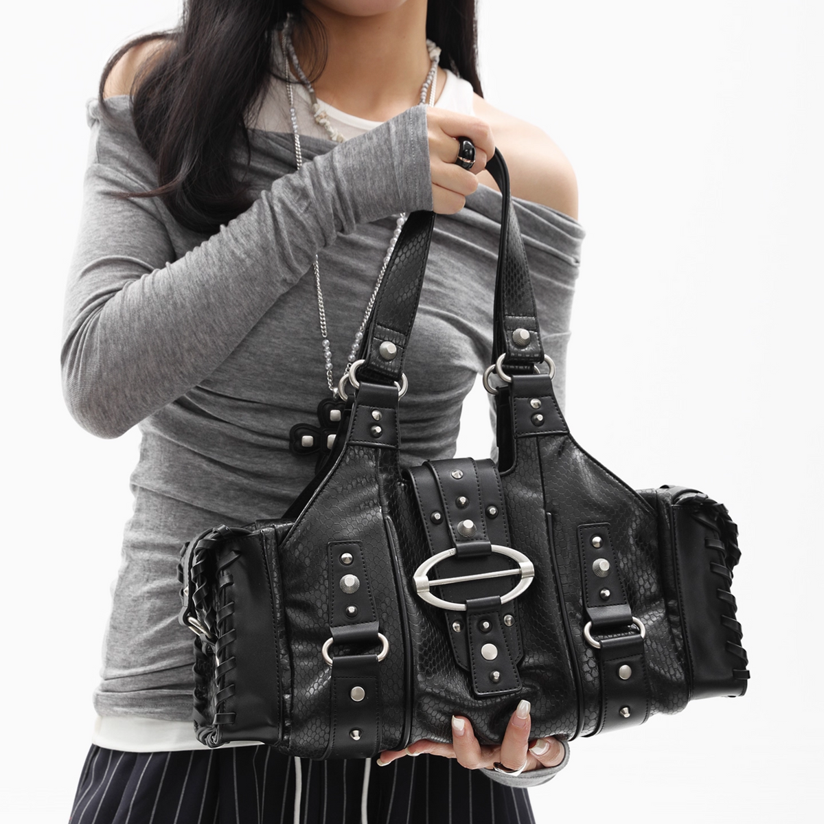 Crushed Leather Y2K Boston Bag