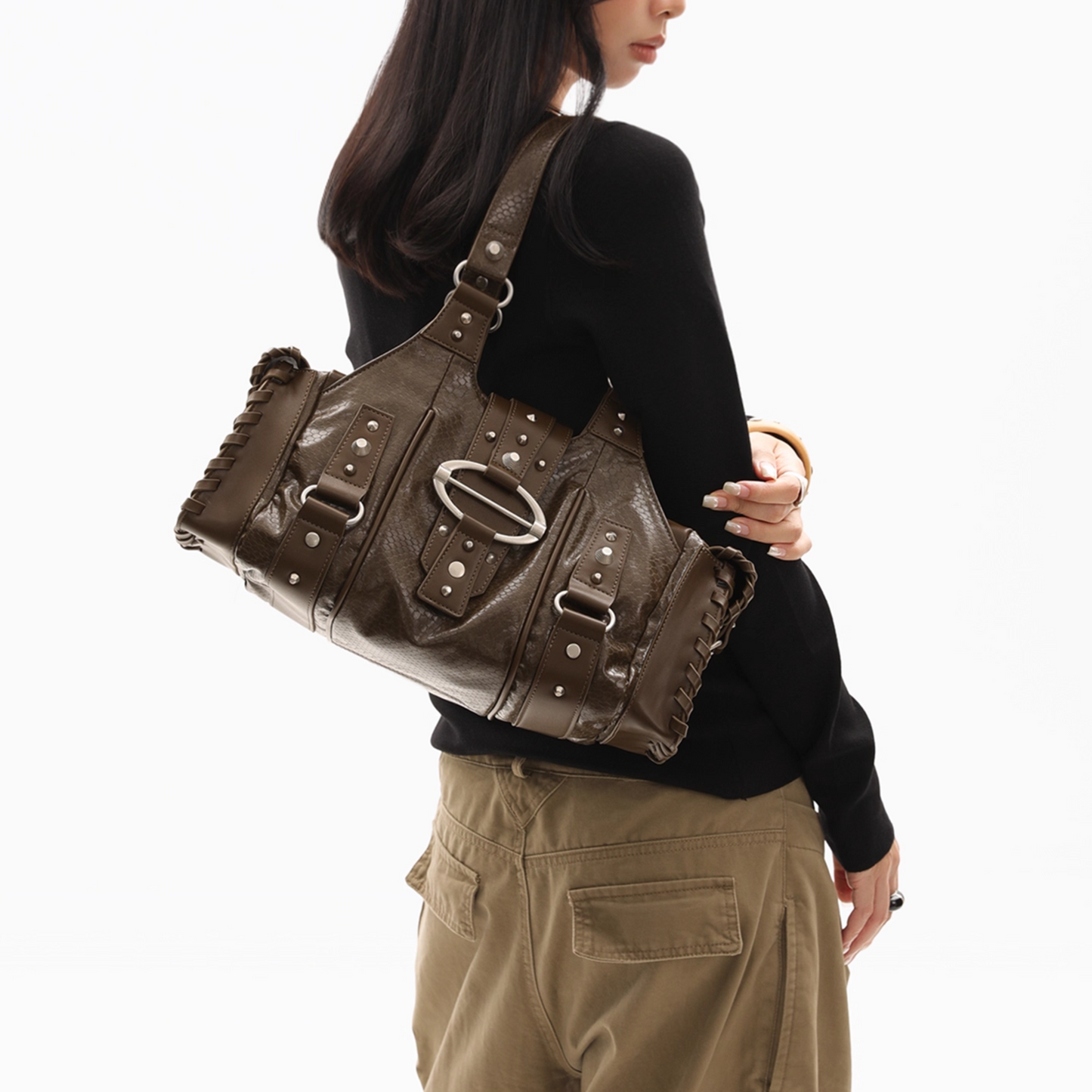 Crushed Leather Y2K Boston Bag