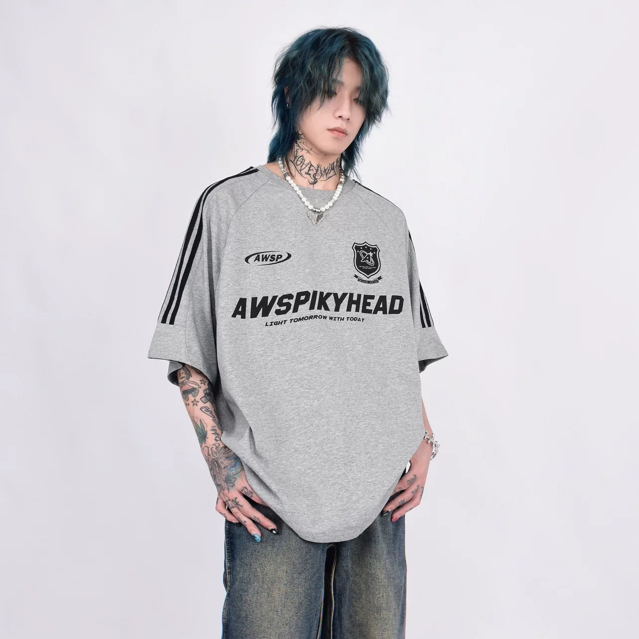3ストライプ エンブロイダリーロゴ ルーズTシャツ　BL1170