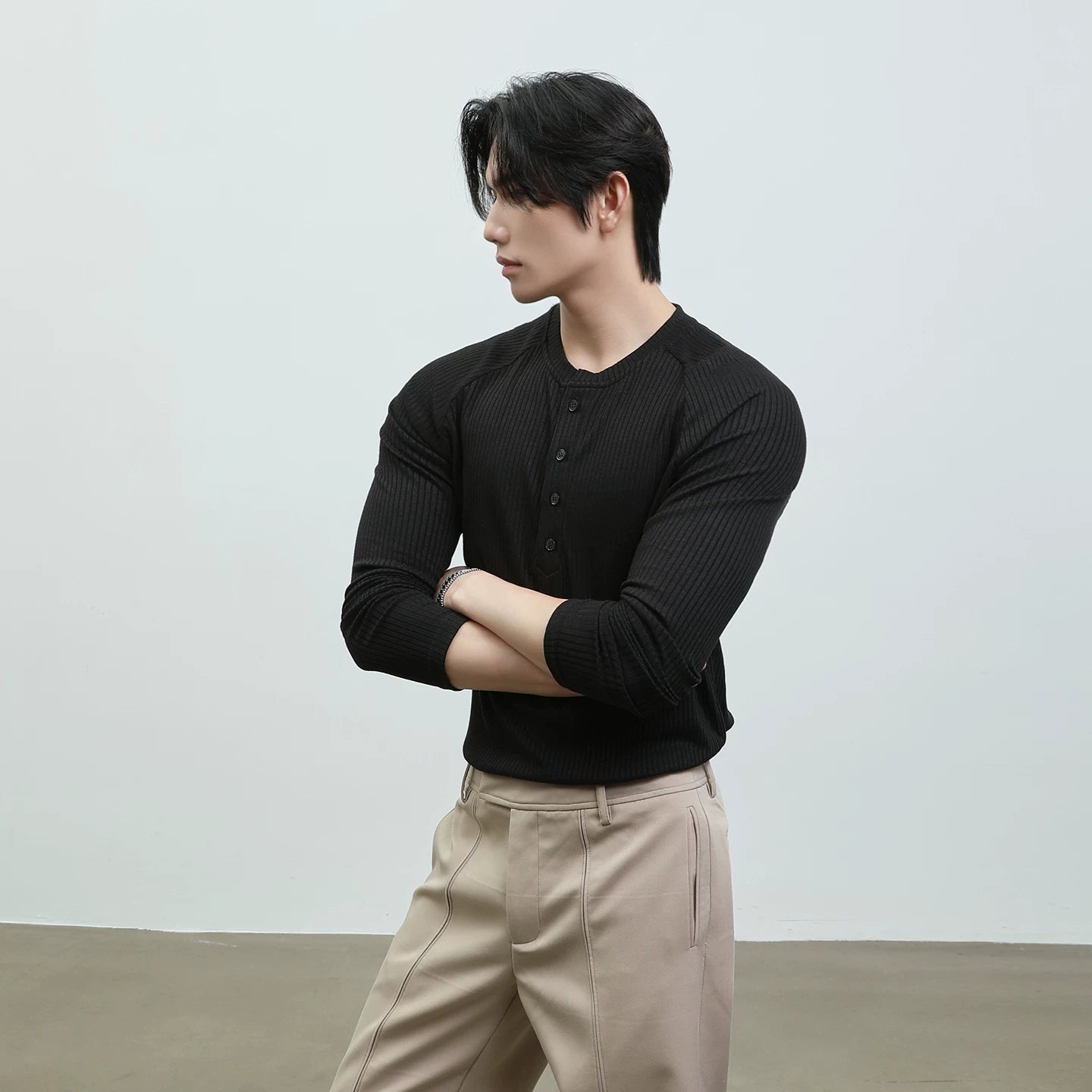 スリムフィット リブラグラン ヘンリーネックT　BL1180