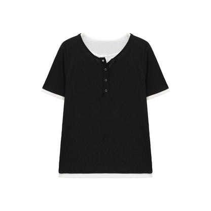 フェイクツーピースヘンリーネックニットTシャツ　BL1183