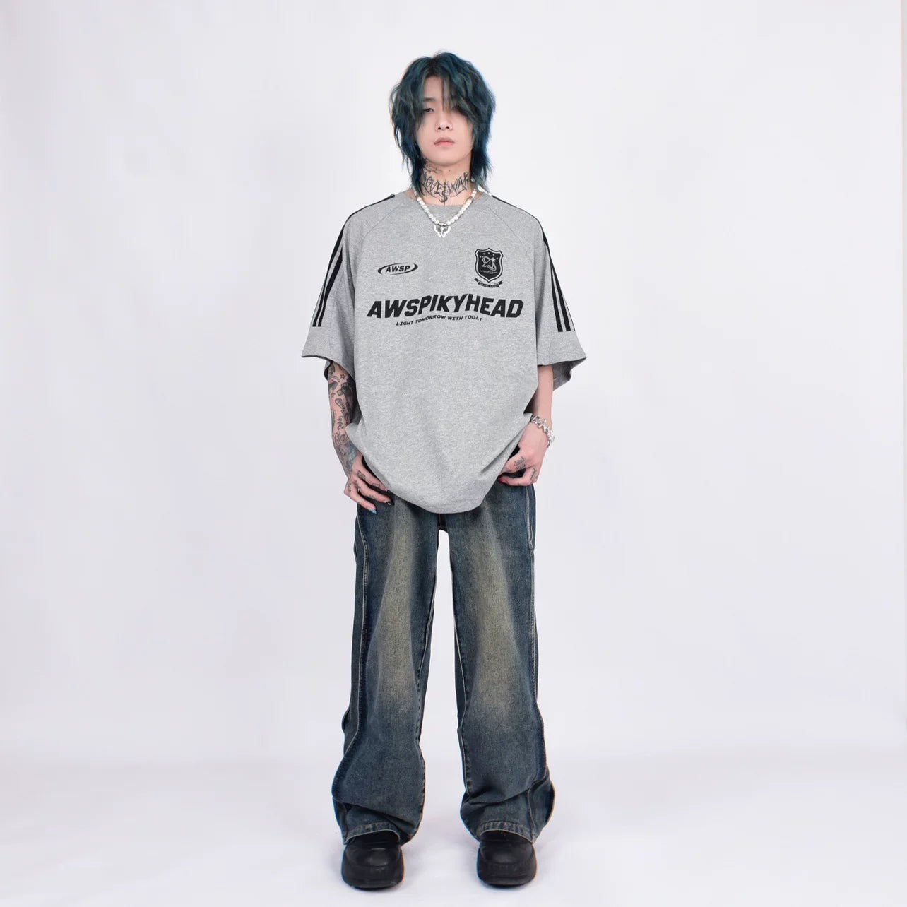 3ストライプ エンブロイダリーロゴ ルーズTシャツ　BL1170