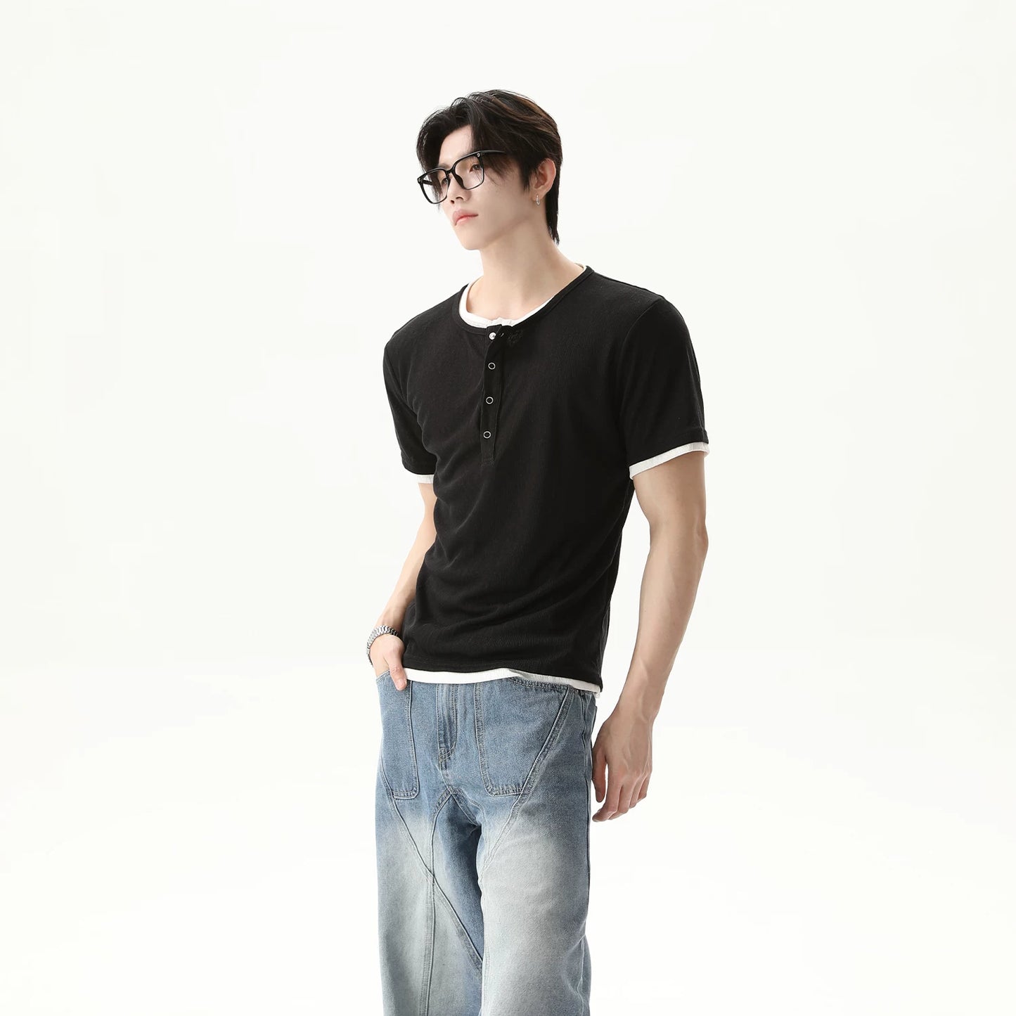 フェイクツーピースヘンリーネックニットTシャツ　BL1183